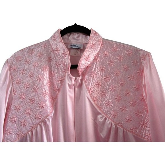 Lady Camille 1X Pink Satin Zip Front Floral Embroidered Quilted Yolk EUC - Picture 2 of 16